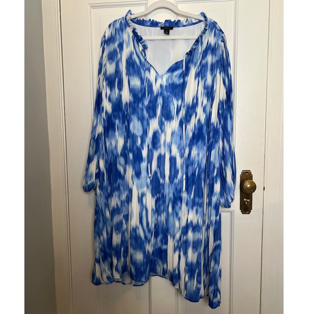 Halogen Brush Print Pleated Shift Dress Blue White Mini Long Sleeve Women's 1X